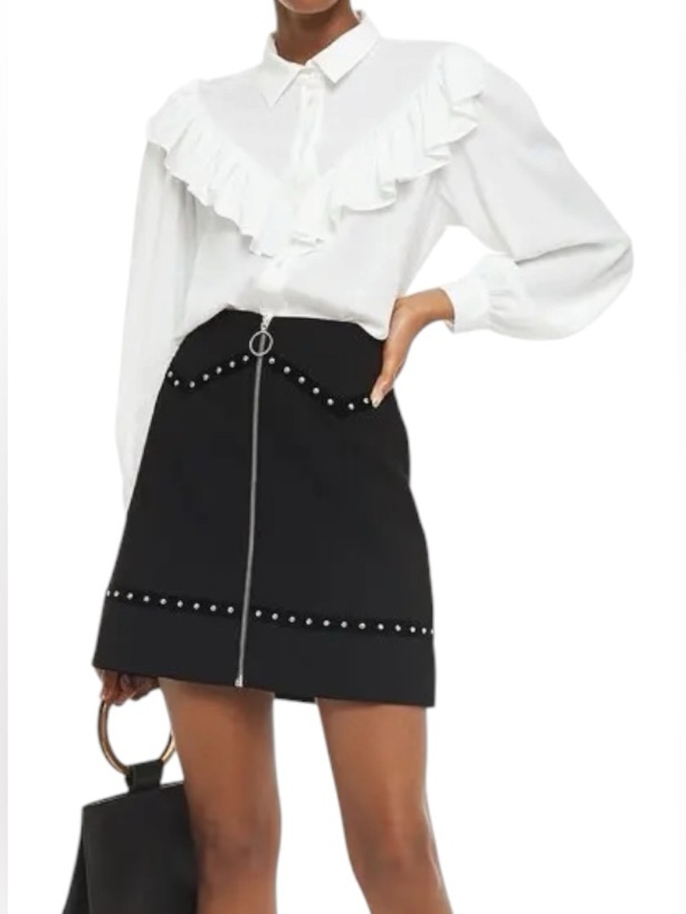 MAJE Jimage Studded Velvet Trimmed Crepe Mini Black Skirt FR38 Medium